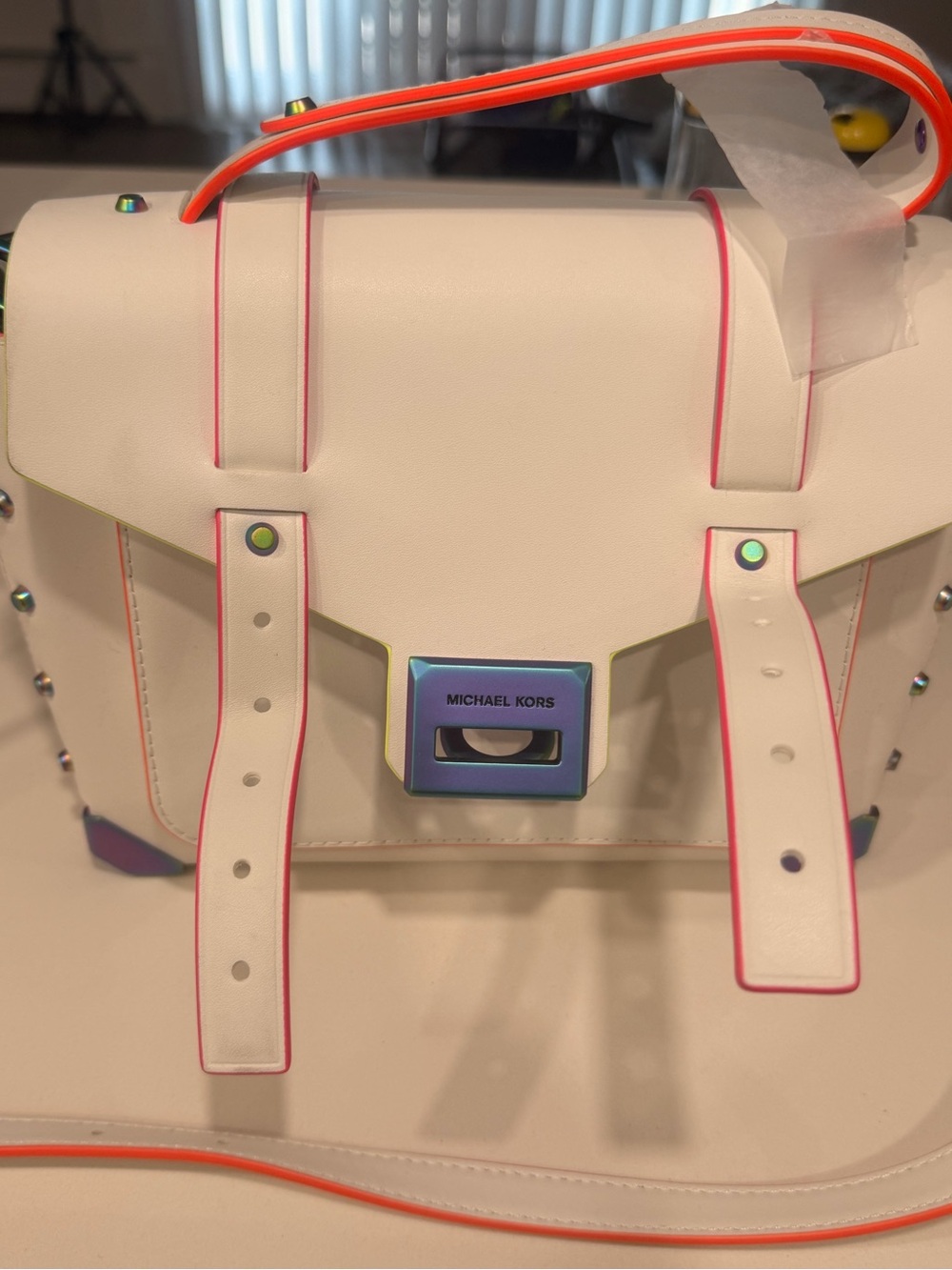 Michael Kors White Satchel with Neon Pink & Orange Trim - Picture 3 of 11
